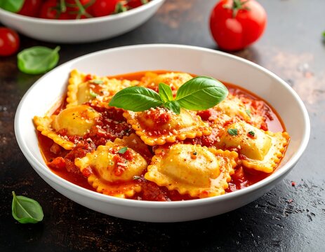 A close-up shot of ravioli in tomato sauce garnished with basil and Parmesan cheese. More tomatoes and basil sit nearby