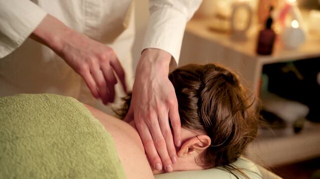 Professional therapist giving a back massage in a cozy spa salon.