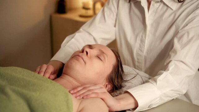 Professional massage therapist giving shoulder massage in a spa salon