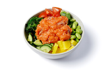 Poke bowl with salmon tartare on a white background isolated for menu