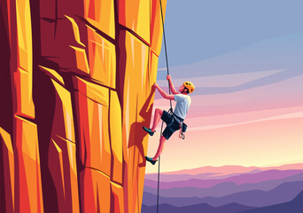 Rock climbing adventure vector illustration of a person scaling a cliff at sunset with a beautiful mountainous landscape backdrop © Purnomo