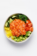 Poke bowl with salmon tartare on a white background isolated for menu
