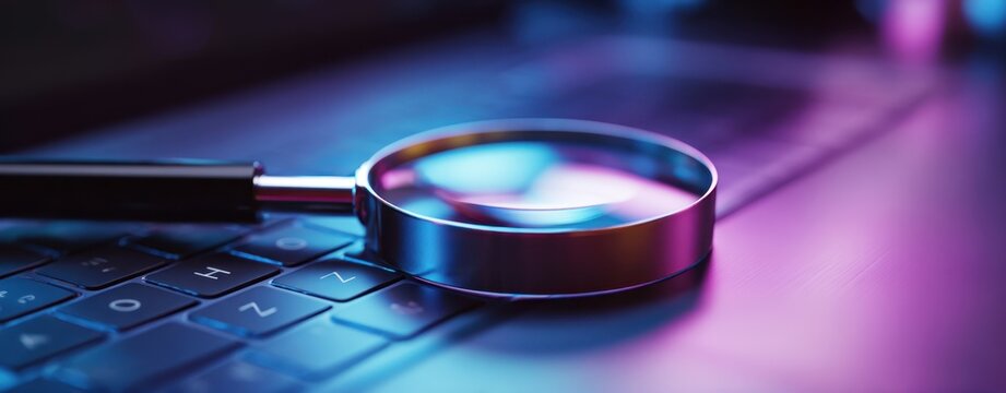 The magnifying glass on a laptop keyboard with colorful neon lighting