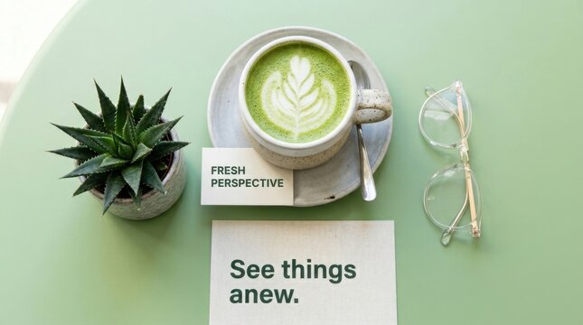 A refreshing matcha latte with latte art, paired with plant and glasses, featuring an inspirational quote for a new perspective.