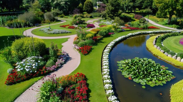 Scenic Garden Path with Vibrant Flowers and Calm Waterway Surrounded by Lush Greenery in a Beautiful Landscape