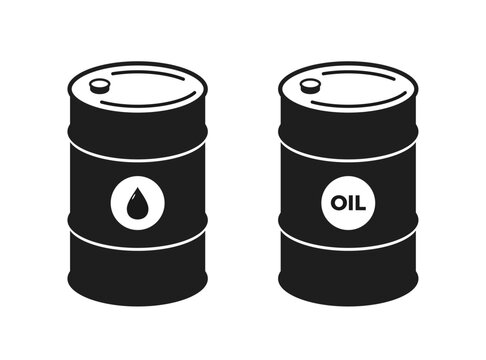 Two black oil barrel icons with droplet and oil text