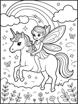 Cute fairy riding unicorn under rainbow with stars butterflies and flowers, magical fantasy coloring page for kids &ndash; vector illustration