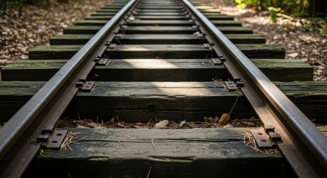 Weathered Wooden Railroad Tracks Stretching into a Forested Landscape