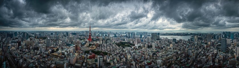 Fototapeta premium Panoramic view of a dystopian city under a stormy sky, with a large crowd gathered in the foreground and a towering structure in the center.