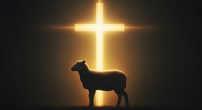Easter symbolism lamb of god standing before the holy cross on easter sunday