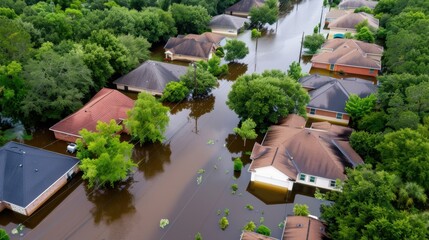 Naklejka premium Aerial View of Flooded Residential Area Surrounded by Trees After Heavy Rainfall in Urban Neighborhood