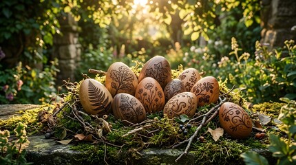 Embracing nature's beauty Eco-Friendly Easter Alternatives with naturally decorated eggs nestled in a sunlit garden