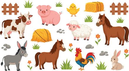 Fototapeta premium Cute Farm Animal Character Set Featuring Cow, Horse, Pig, Sheep, Donkey, Rooster, Chick, and Rabbit with Hay Bales, Fences, and Meadow Grass Elements
