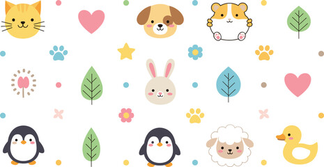 Obraz premium Cute Animal Face Icon Set with Cat, Dog, Hamster, Rabbit, Penguin, Sheep, and Duckling Featuring Paw Prints, Hearts, and Leaves for Childrens Pattern Design