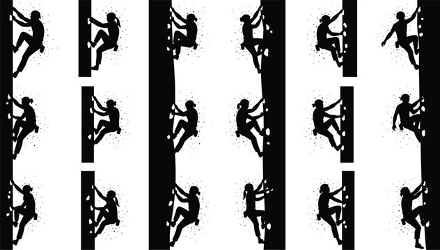 Collection of rock climber silhouettes scaling vertical walls, dynamic climbing poses set, adventure sport mountaineering activity icons isolated on white background extreme fitness concept