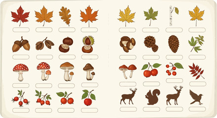 Obraz premium Autumn leaves and nature elements illustrations set for educational content