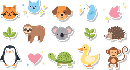 Fototapeta premium Cute Animal Sticker Bundle with Cat, Dog, Sloth, Koala, Penguin, Turtle, Duck, and Monkey Icons Featuring Hearts and Sparkles for Digital Planning and Crafts
