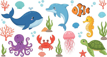 Cute Sea Animal Character Set Featuring Whale, Dolphin, Octopus, Turtle, Crab, Jellyfish, Seahorse, and Clownfish with Coral, Shells, and Seaweed Elements © MdSohanurRahman