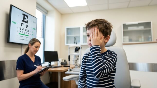 Young boy covering one eye during an eye examination in a medical clinic with a nurse present