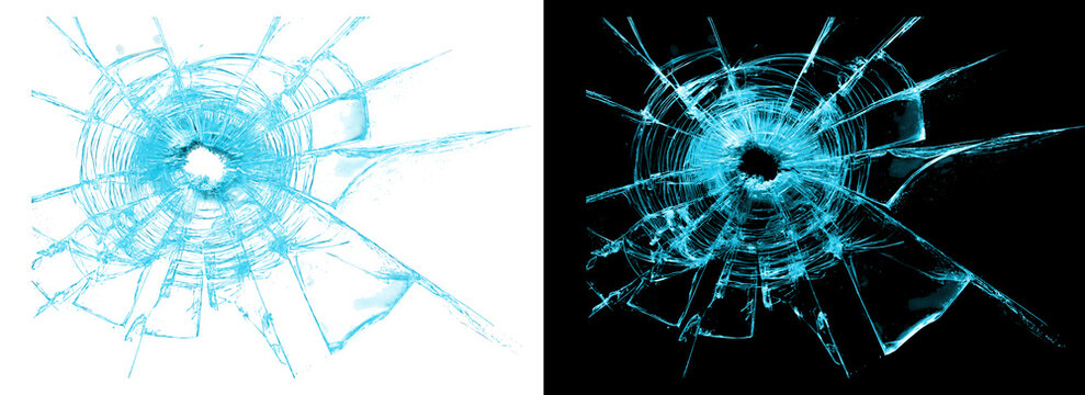 Cyan shattered glass effect with radial cracks and central impact hole