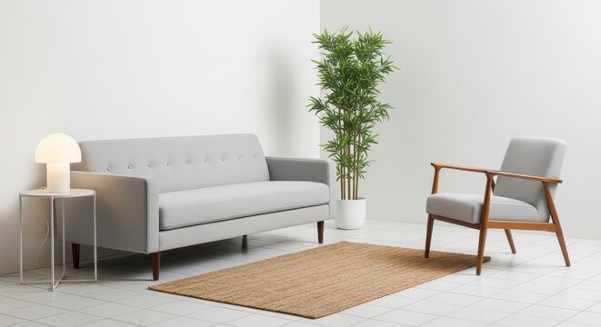 Modern living room with a grey sofa, accent chair, jute rug, and tall potted plant
