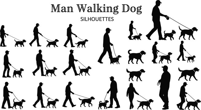 Man walking dog silhouettes collection with pet leash walking poses, dog owner outdoor activity set isolated on white background lifestyle companionship concept