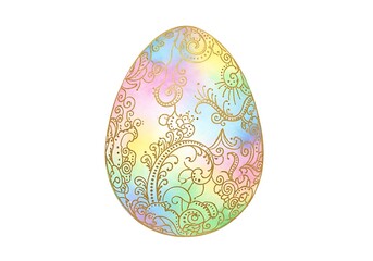 Fototapeta premium Easter egg with gold paisley design on pastel rainbow background