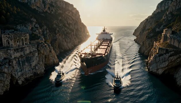 a massive oil tanker passing through a narrow rocky strait, two fast attack boats moving alongside