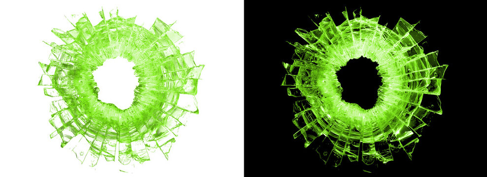 Green glass shattered in circular shape with hole in middle isolated on various backgrounds