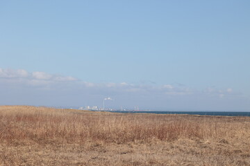 枯れ草広がる原野の遠方に見える、火力発電所とコンテナヤード