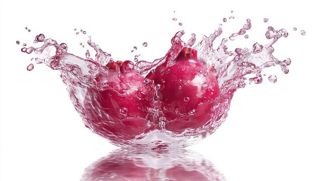 Two Ripe Red Pomegranates Exploding into a Refreshing Water Splash Isolated on a White Background with Reflective Surface and Dynamic Droplets