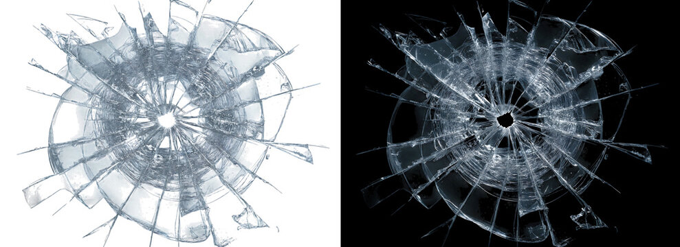 Circular shattered glass impact with intricate radial cracks and shards