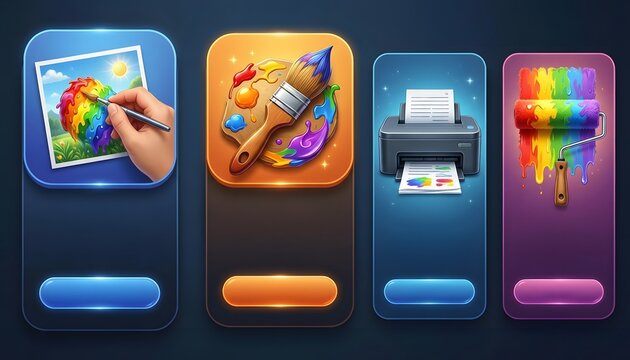 A colorful illustration of four creative tools for art and design on a dark background