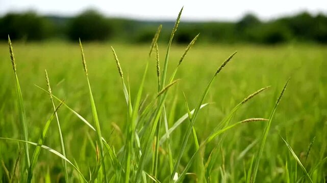 A close-up shot of green grass in a field, with a blurred background of more grass and some trees.