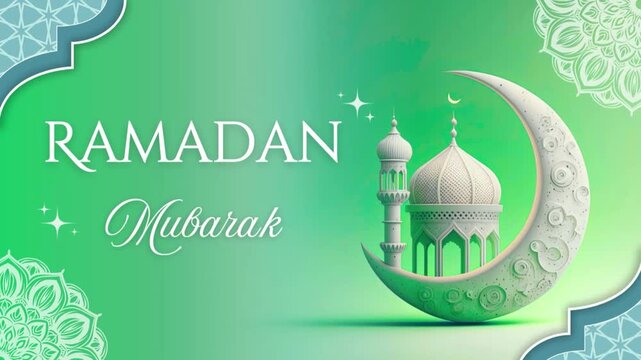 Ramadan Mubarak 3D Illustration with Mosque and Crescent Moon on Mint Motion Background