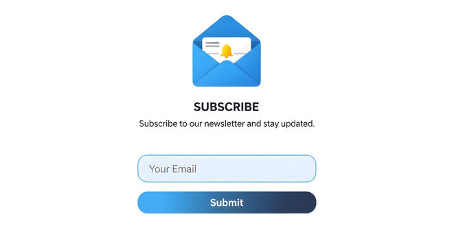 A simple subscription form with a blue envelope and email input field on a white background