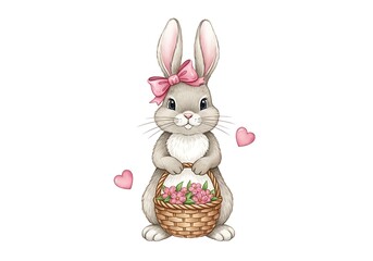 Fototapeta premium Cute bunny with pink bow holding flower basket, Easter illustration