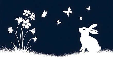 Obraz premium Easter bunny delight white silhouette of rabbit surrounded by butterflies and flowers on dark blue background