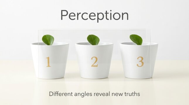 Three potted plants numbered 1, 2, and 3 showing new growth in a clean, minimalist composition, symbolizing perception and changing perspectives.