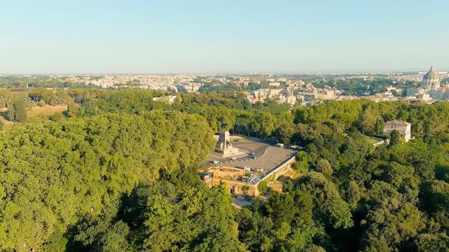 Rome, Italy. Giuseppe Garibaldi Monument. Janiculum, one of the hills of Rome. Summer. Morning hours. Drone footage, Point of interest