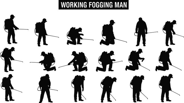 Working fogging man silhouettes collection with pest control sprayer poses, sanitation worker disinfecting area set isolated on white background public health service concept