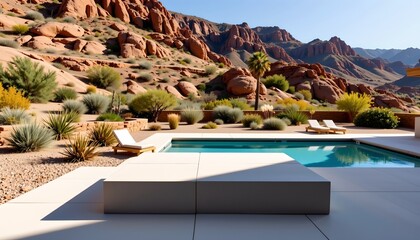 Fototapeta premium The image features a modern outdoor swimming pool situated in a desert landscape with reddish rock formations and rugged mountains in the background