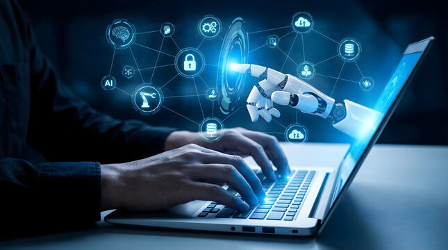 A person types on a laptop computer with a futuristic robotic hand reaching from the screen to interact with a glowing blue digital display of artific