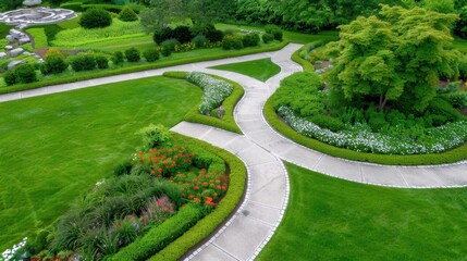 Lush Green Park Landscape with Curved Pathways and Colorful Flower Beds in a Botanical Garden Setting