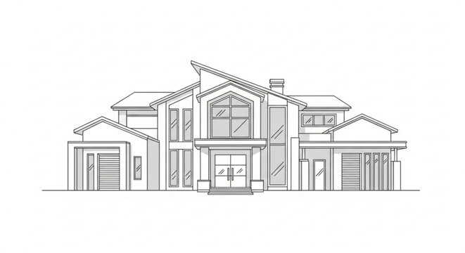 Modern two story house with gable roof and garage architectural drawing