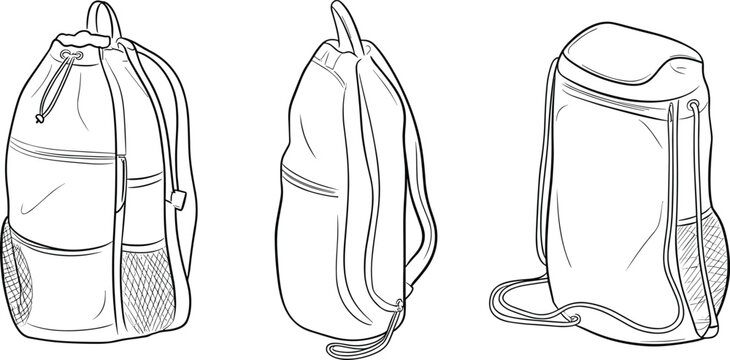 Drawstring backpack bag technical line art with front zipper pocket mesh side pockets and multiple views travel sport backpack vector illustration