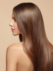 Fototapeta premium Profile portrait of a woman with long, healthy, shiny brown hair and bare shoulders.