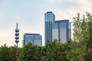 Modern city skyline with multiple high-rises rising above lush green treeline © Довидович Михаил