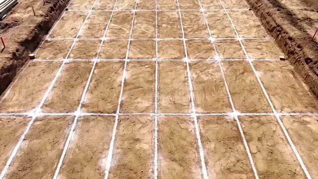 An aerial view of an archaeological dig site. The ground is divided into a grid, with trenches revealing the layers of earth. It evokes a sense of exploration and historical discovery.