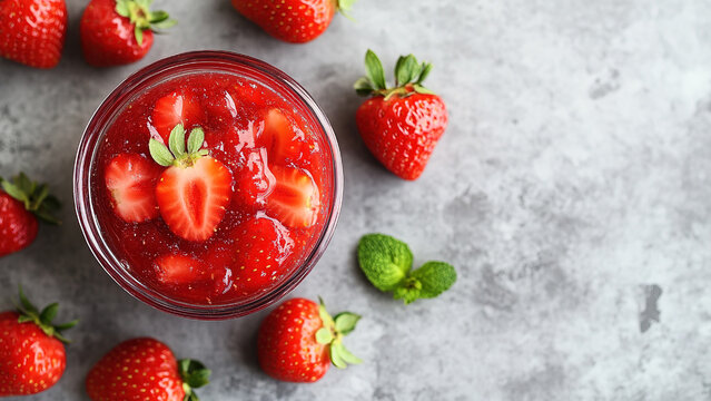 strawberry jam in a bowl isolated on concrete stone background
